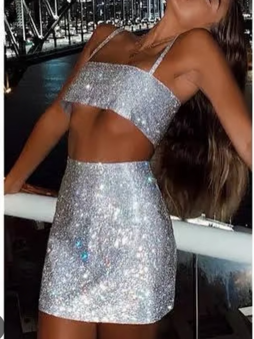 White Fox Boutique Silver Sequin Mini Dress Two-Piece